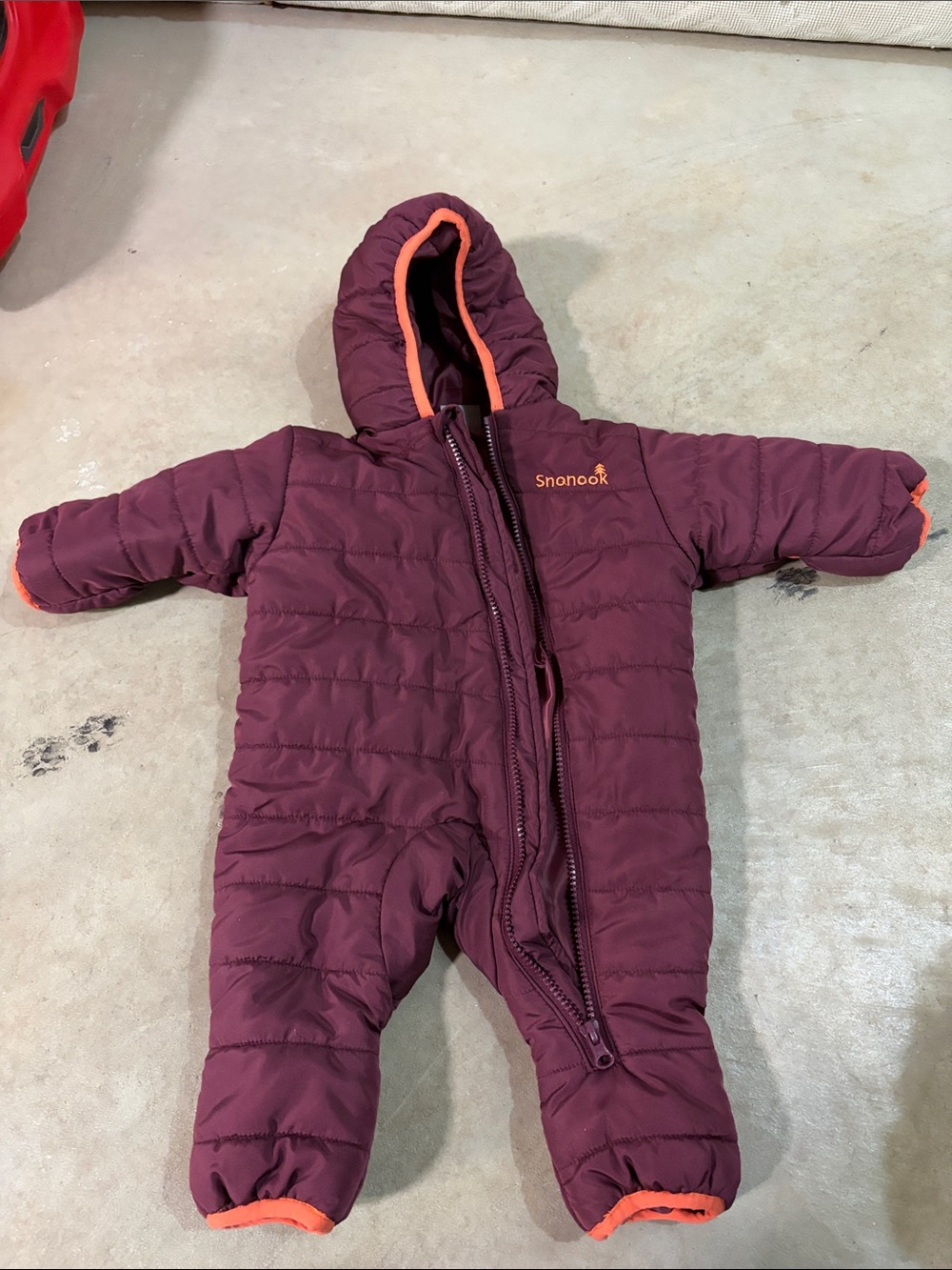 Snookook Puffer Infant Hooded One-Piece - Plum with Orange Trim